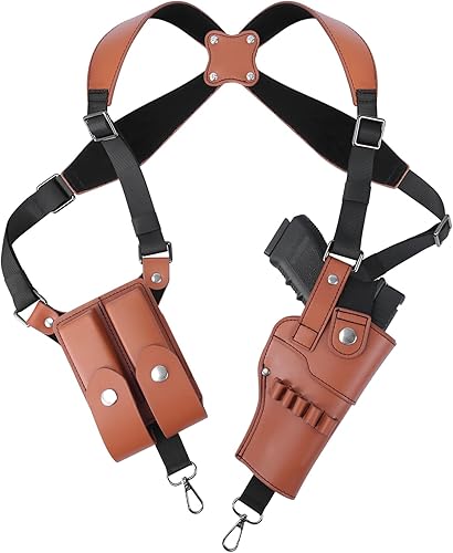 Miniatura 1 de Funda de hombro, funda de hombro ajustable de piel sintética para transporte oculto con doble bolsa para cargador, compatible con 1911, Glock