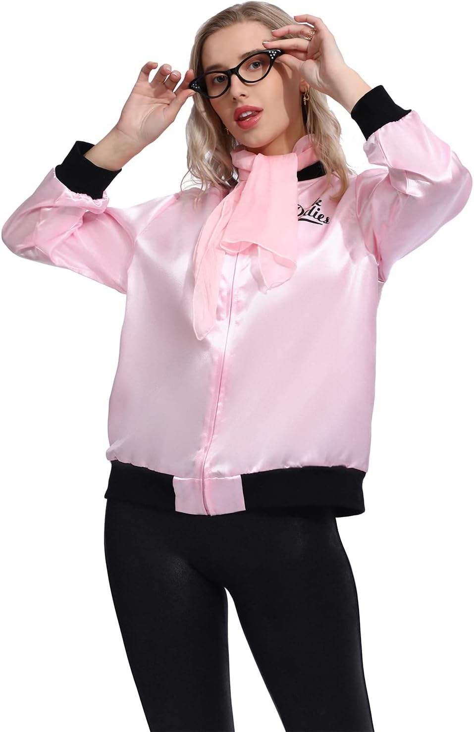 Wizland Women's Pink Ladys Costume 1950s Decade Pink Outfit with Neck Scarfs and Eye Glasses - Image 6