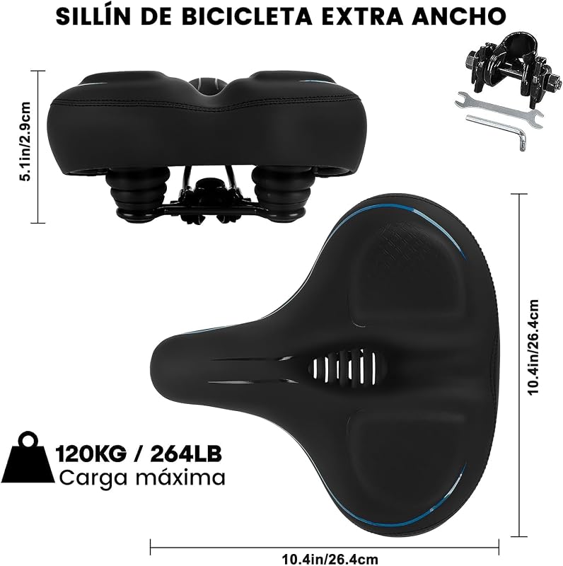 TONBUX extra nagy kerékpárnyereg vízálló, légáteresztő, ergonomikus, MTB Citybike országúti és e-bike kerékpárhoz, fekete kék peremmel