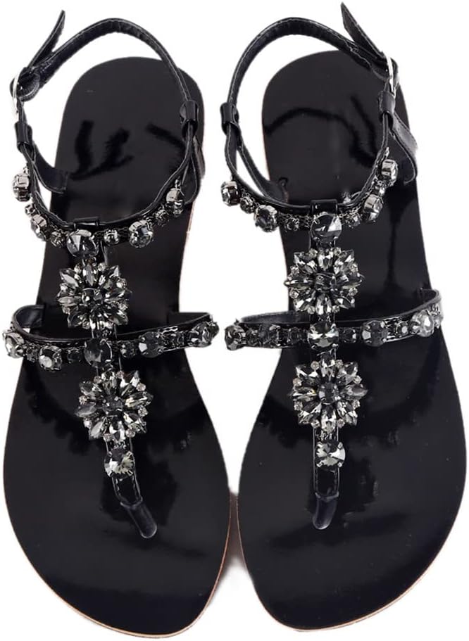 Summer Women Beach Sandals Lady Rhinestones Shoes Diamond T-Strap Sandals