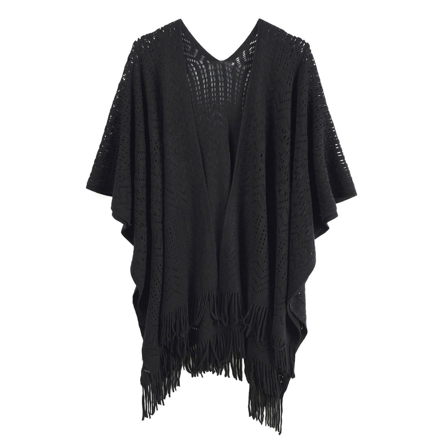 Makroyl Women Knit Wrap Shawl Cape Ladies Knitted Scarf Tassel Open Poncho Cardigan (Black)