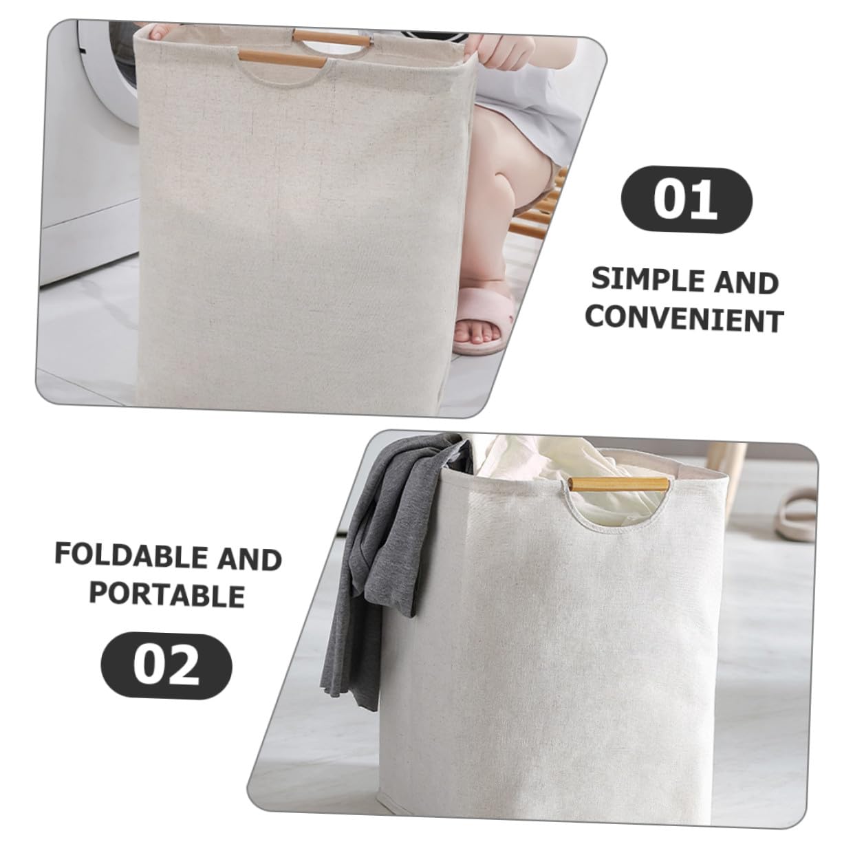 Faltbarer Wäschekorb 60l und 36l, Baumwolle Leinen mit Holzgriff | Faltbarer Wäschekorb Zusammenklappbar, 2 Stück, Beige, für Zuhause und Wohnheim