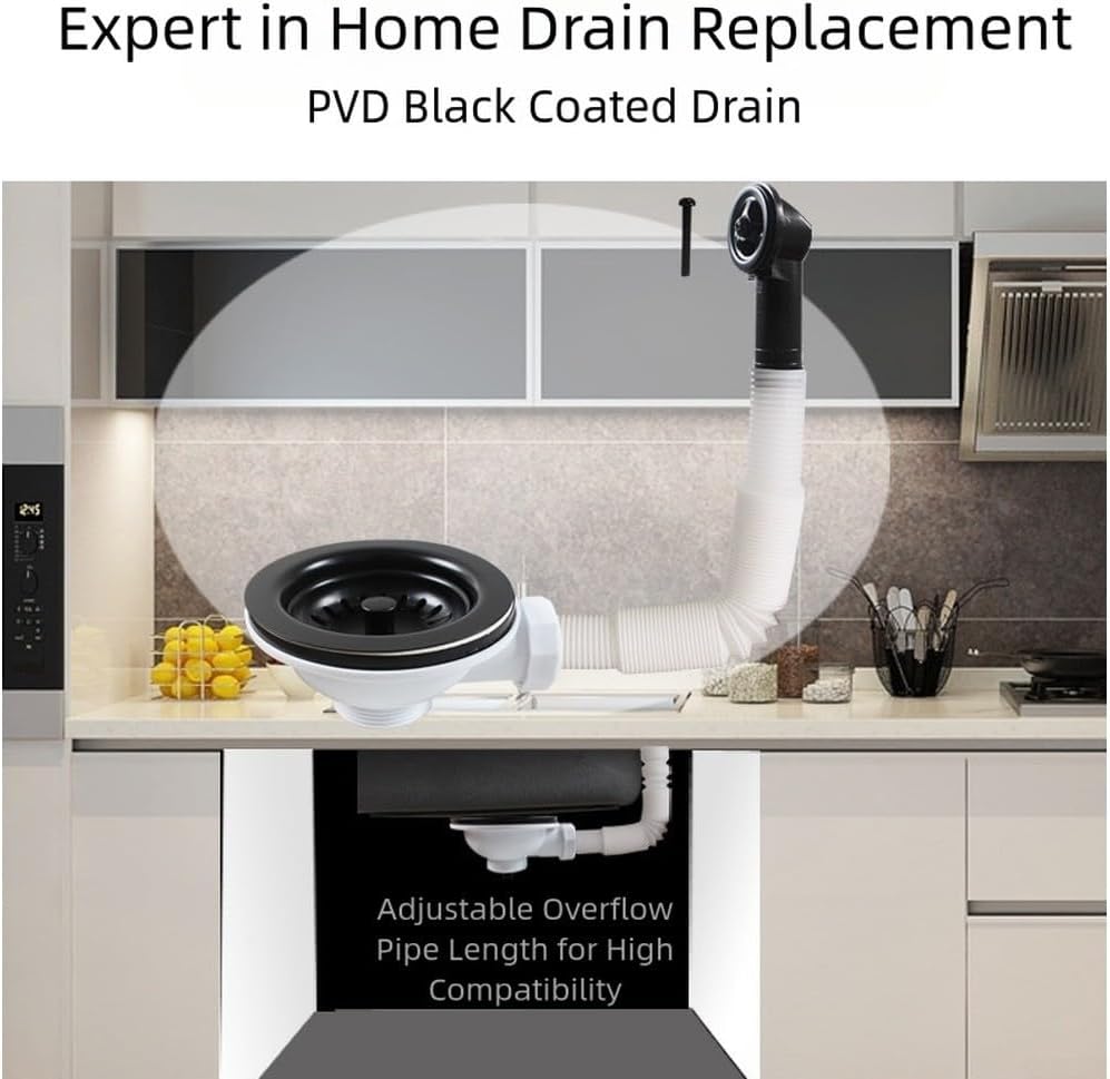 304ステンレススチール製キッチンシンクストレーナー、ブラックコーティングの詰まり防止バスケット、オーバーフロー付き、114mm、信