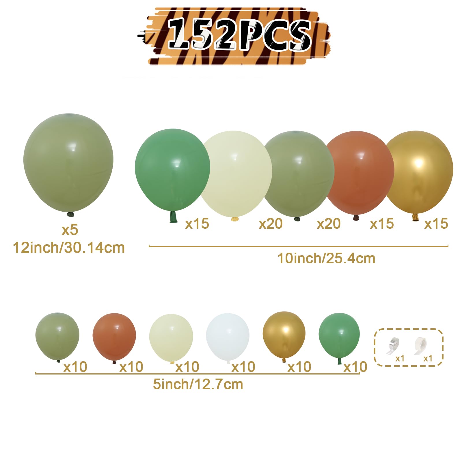 155Pcs Jungle Green Balloons Arch, Safari Balloon Arch with Green Gold Brown Balloons, Animal Balloon, Kids' Party Baloons for Baby Shower, Birthday Decoration Boy, Jungle Theme Party, Tropical Party