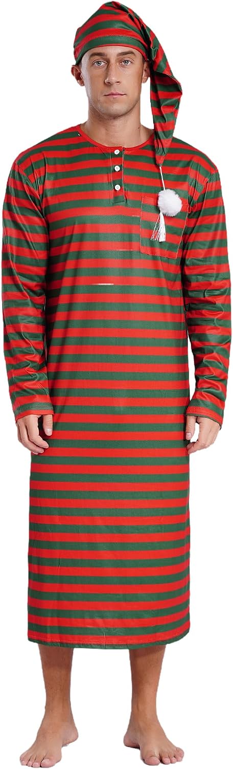 FEESHOW Mens Striped Nightgown Loose Robe Round Neck Pajama Sleeping with Hat Dubai Nightshirt Arab
