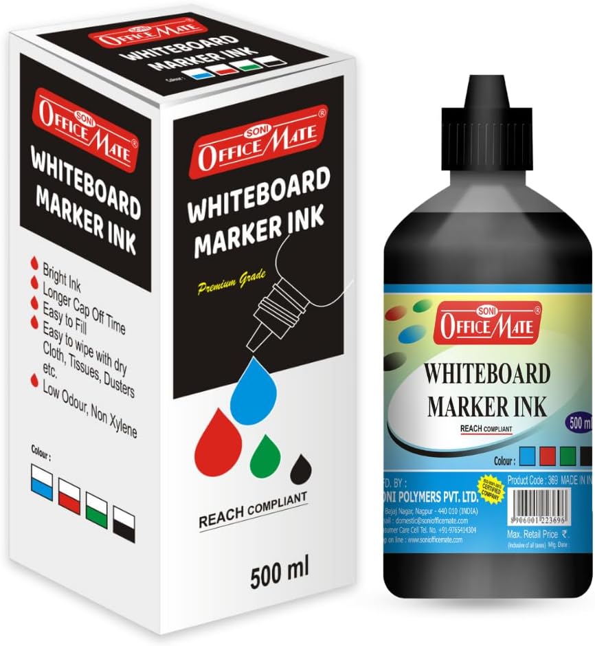 Soni Officemate Whiteboard Marker Ink – 500ml (Black)| Quick Dry | Smooth & Non-Smudge | Long-Lasting | Eco-Friendly | For Office & School Use