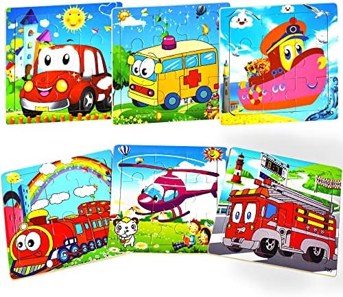 Wooden Jigsaw Puzzles for Kids Ages 3-5,Vehicle Puzzles 9 Pieces Preschool Educational Learning Toys Set, Toddler Puzzles for 3 4 5 Years Old Boys and Girls (6 Puzzles)