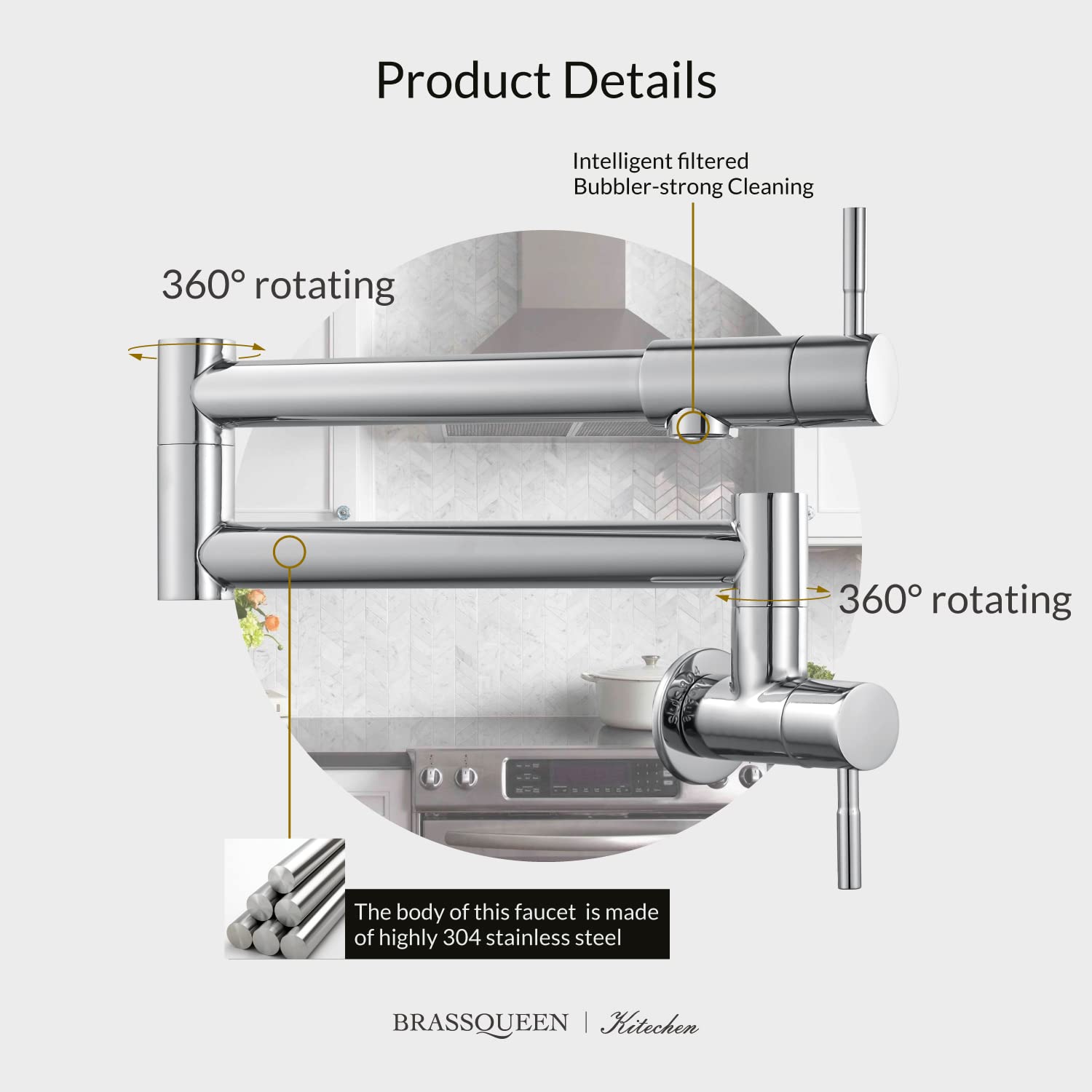 Grifo plegable para llenado de ollas, montaje en pared, NPT comercial, de acero inoxidable, elástico, para fregadero de cocina, con brazo oscilante de doble articulación, un solo agujero