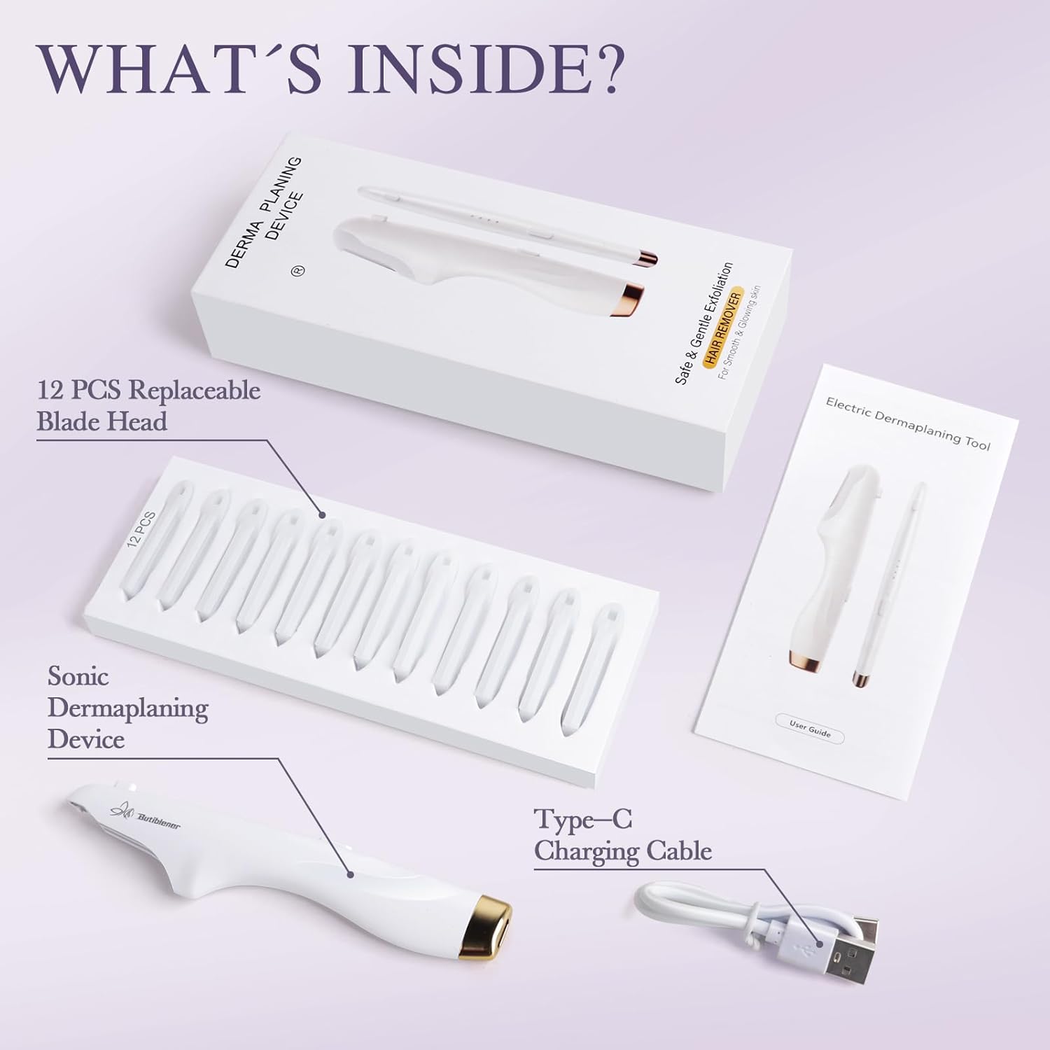 Dermaplane-razor for Women Face,Sonic Dermaplane,Sonic Dermaplaning Tool,Face Shaver Facial Hair Removal & Peach Fuzz Romover + 12 Blades (White With Gold Accent)