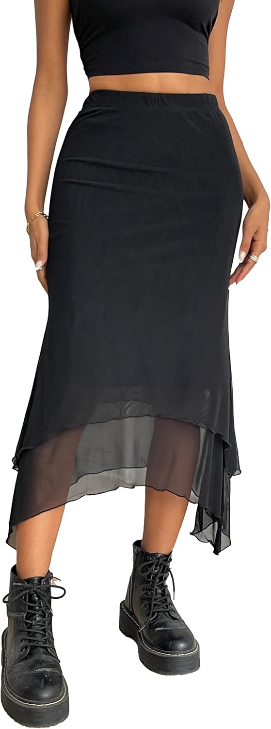 Avanova Women Mesh Asymmetrical Mermaid Midi Skirt High Waist Fishtail Long Skirt