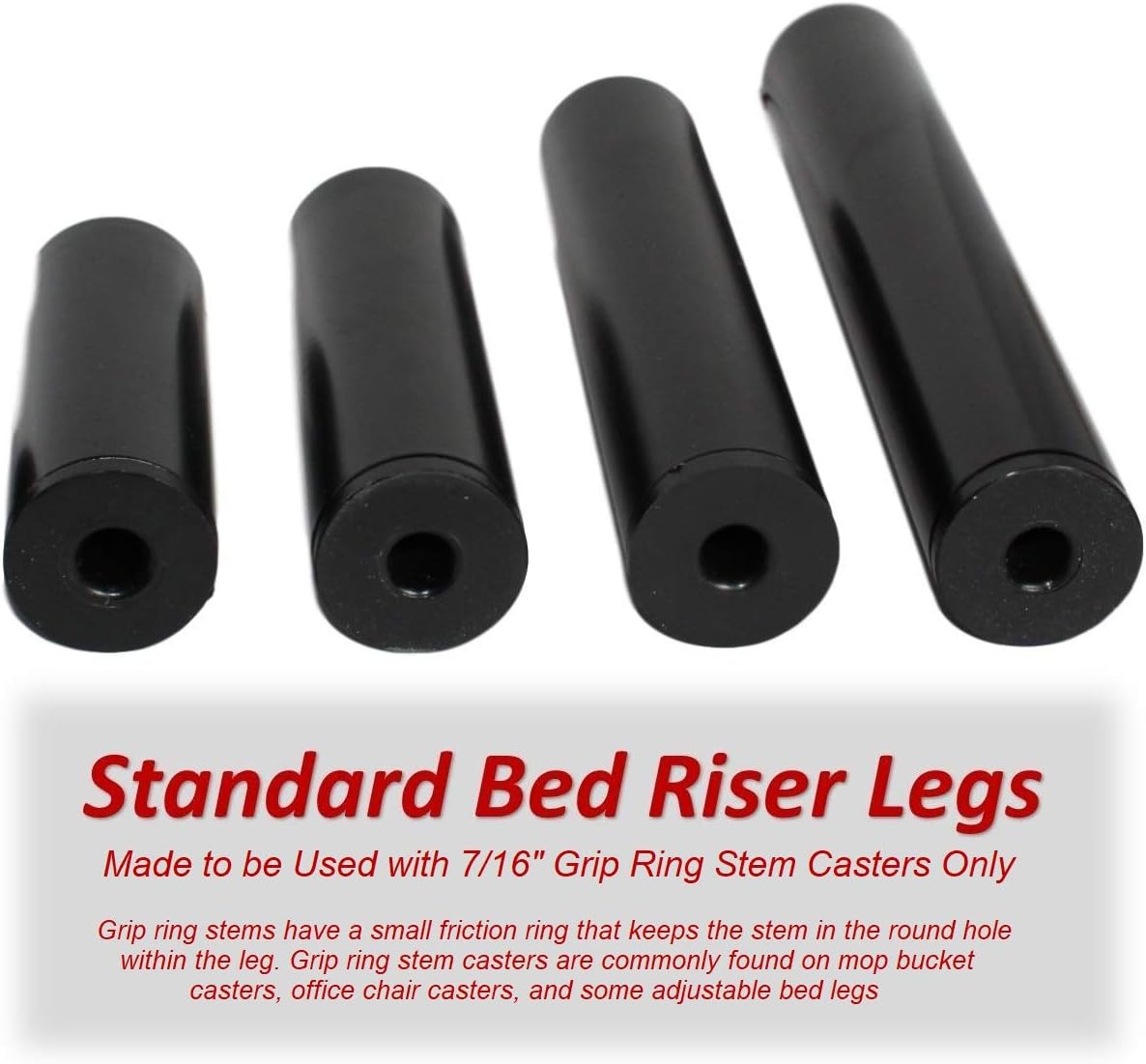 Four bed legs with text 'Standard Bed Riser Legs Made to be Used with 7/16 Grip Ring Stem Casters Only'