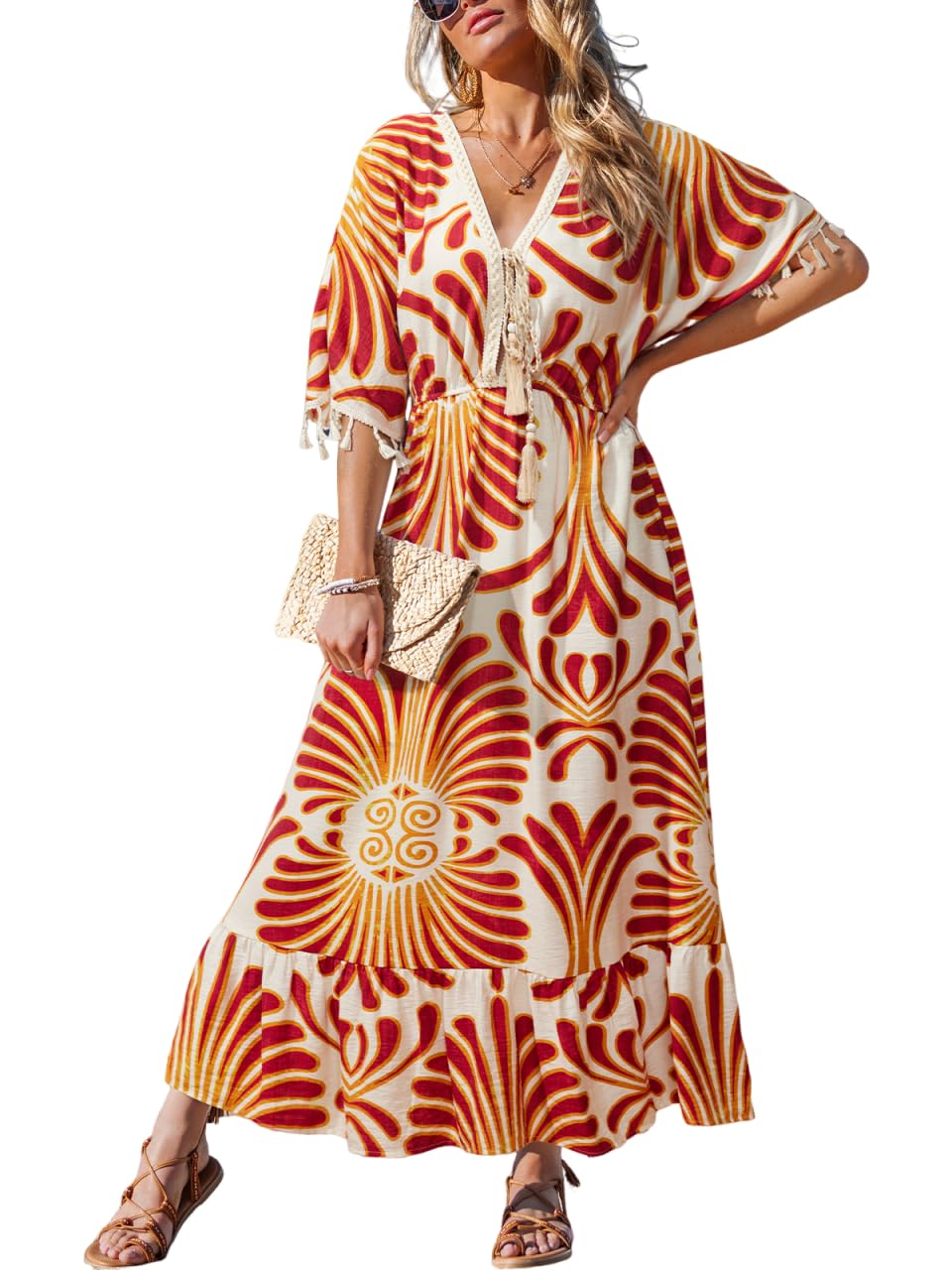 CUPSHE Vestidos de verano para mujer, con borlas, lazo frontal, cuello en V, manga murciélago, estilo hawaiano, casual, vestido largo