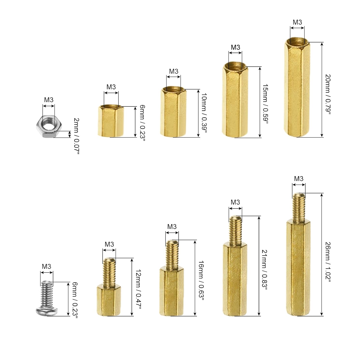 Generic 120Pcs M3 Hex Male-Female Brass Standoff Stainless Steel Screw Nut Assortment Kit, Brass Spacer Hex Column Screw Nut Assortment Kit for
