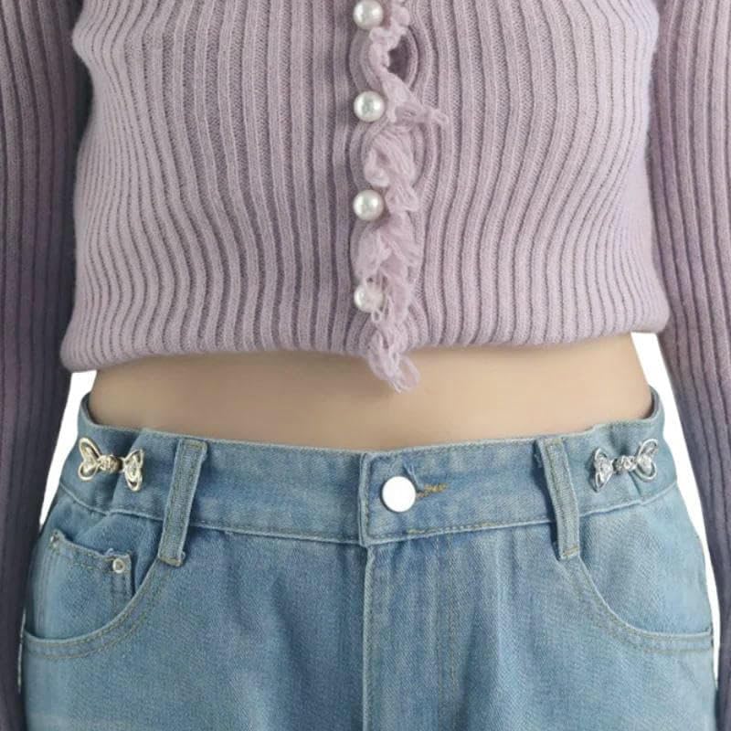 Splendido bottone regolabile con fibbia per jeans, non richiede cuciture, in metallo, per pantaloni e gonne, colore: farfalla, argento, 1 pezzo