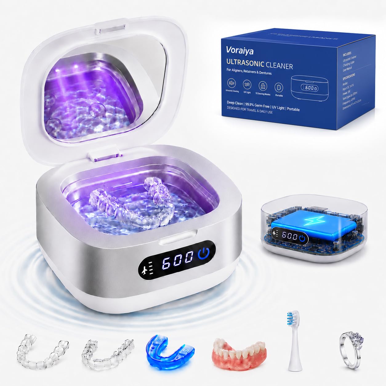 Voraiya Ultraschallreinigungsgerät für Zahnschienen, 4000mAh Akku, IPX6