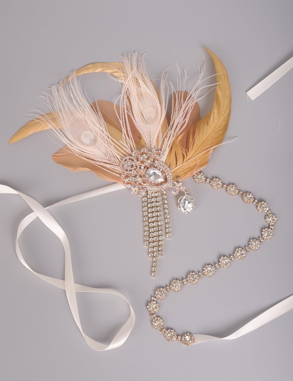 Teyglen 1920s Flapper Feather Headband Roaring 20s Feather Headpiece Vintage Champagne Flapper Headpiece Rhinestone Costume Hair Accessories for Women - Image 4