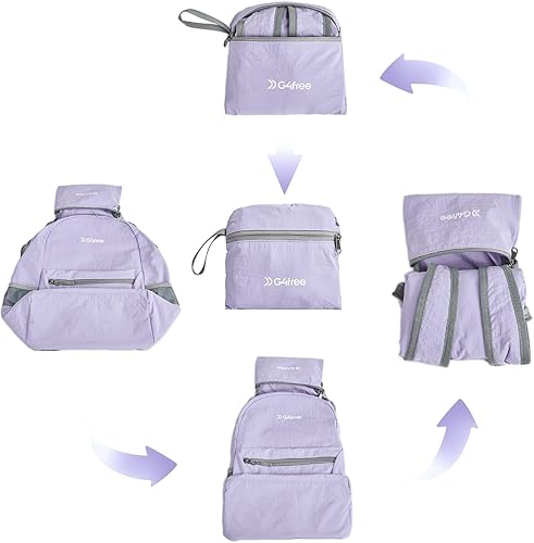Miniatura 3 de G4Free Mochila plegable ligera de 20L para viajes, senderismo, mochila plegable para hombres y mujeres (morado claro)