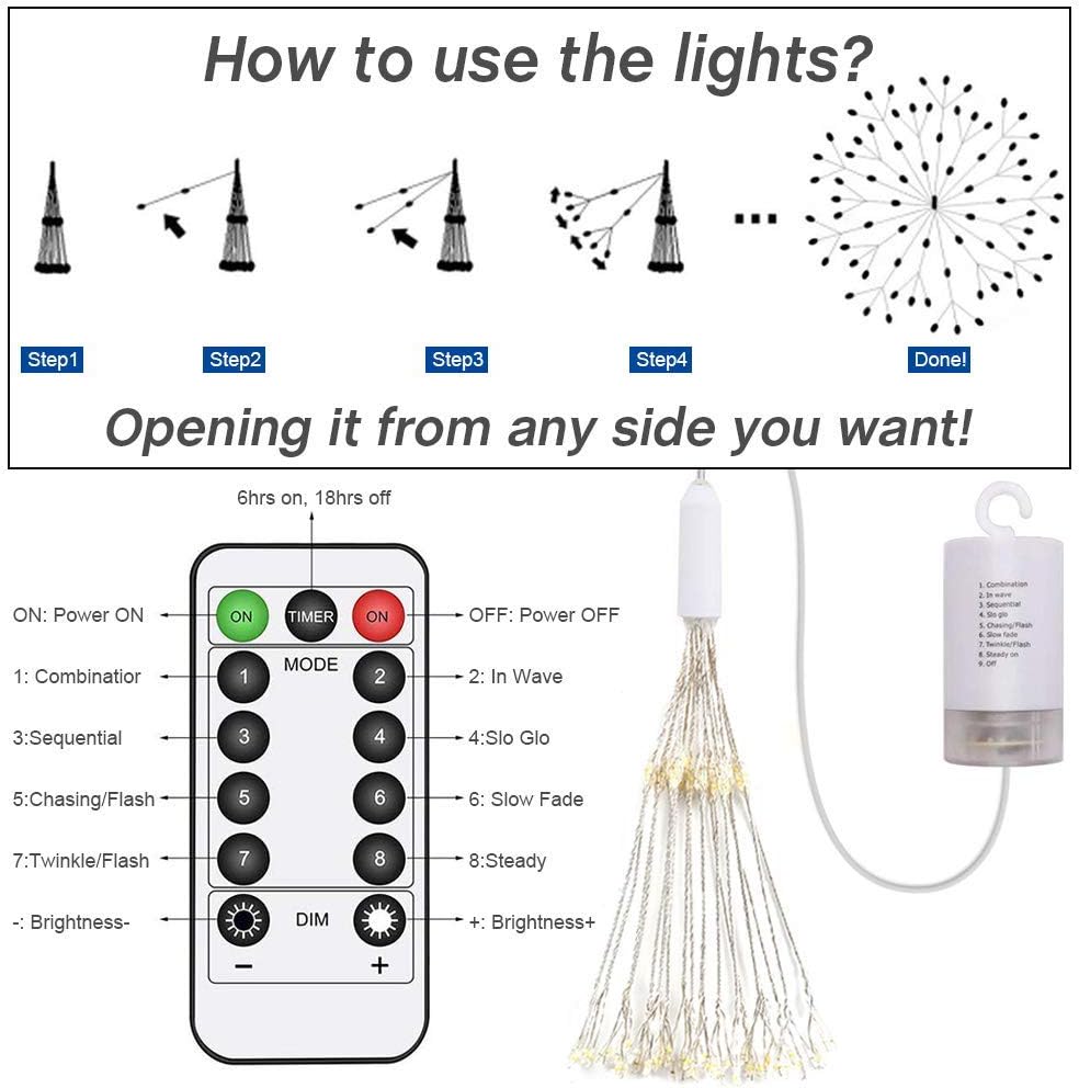 Exclusive Discount 80% Offer 8 packs Firework Lights Copper Wire LED Lights, 8 Modes Dimmable String Fairy Lights with Remote Control, Waterproof Hanging Starburst Lights for Parties,Home,Christmas Outdoor Decoratio (WarmWhite)