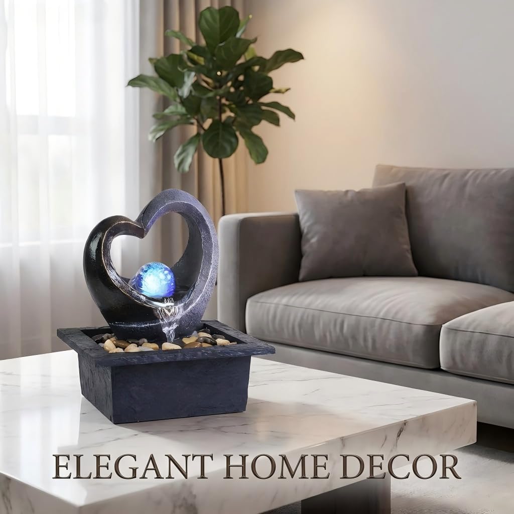 Ferrisland Tabletop Water Fountain, Zen Meditation Indoor Waterfall Fountain, Heart Shape Decoration with LED Light for Home Office Bedroom Relaxation Decor, Gift Ideas