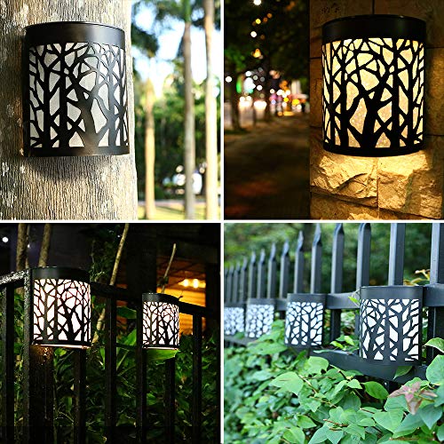 DenicMic Solar Wall Lights Outdoor Fence Solar Lights for Deck Patio Stairs Step Backyard LED Forest Night Lights, Waterproof, Warm White/Color Changing (2 Pack)
