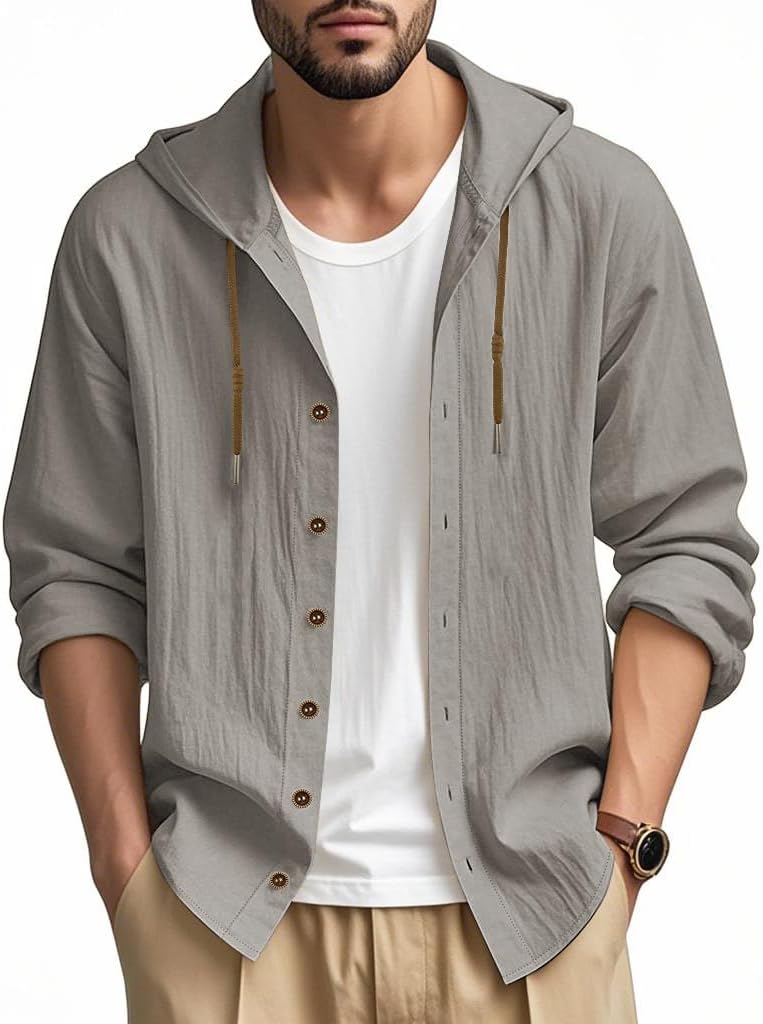 Men Cotton Linen Long Sleeve Button Down Shirt Summer Casual Hawaiian Beach Tops Lightweight Fashion Hoodies - Image 2