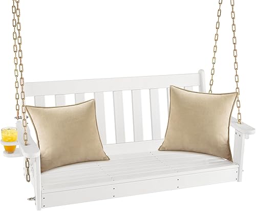 Tangkula Columpio colgante para porche para 2 personas, columpio de banco al aire libre con cadenas ajustables, soporte oculto para tazas, silla