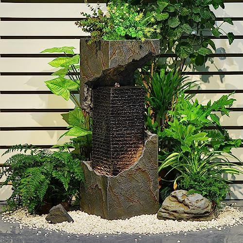 Water Fountain Outdoor Garden 35.4" H Modern Outdoor Fountains and Waterfalls with Lights Flooring Standing Indoor Water Fountains for Garden, Patio, Deck, Backyard, Porch and Home Art Decor