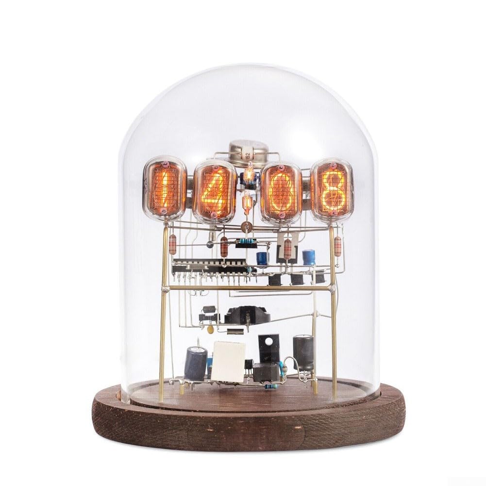 Zoegneer IN12 Nixie Kit d'horloge à tube à monter soi-même avec verre et base en bois, affichage LED de style rétro, rétroéclairage RVB 24 heures, alimenté par USB avec batterie intégrée, heure élevée