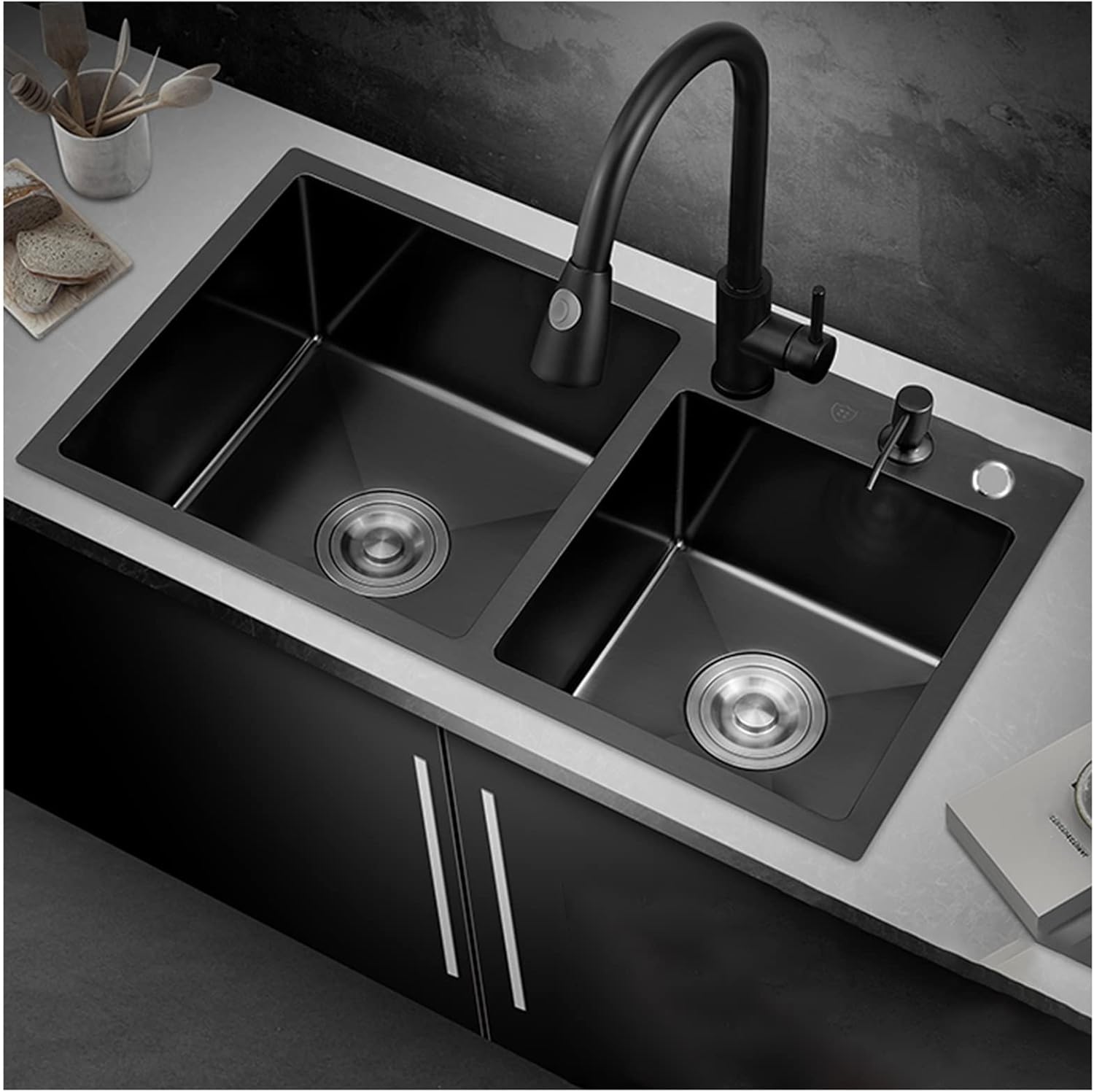 Matte Black Double Bowl Kitchen Bar Sink 304 Stainless Steel Wet Bar & Prep Sink RV Sink with Faucet & Drain Top Mount Or Undermount (Color : Black-c, Size : 82x45x22cm)