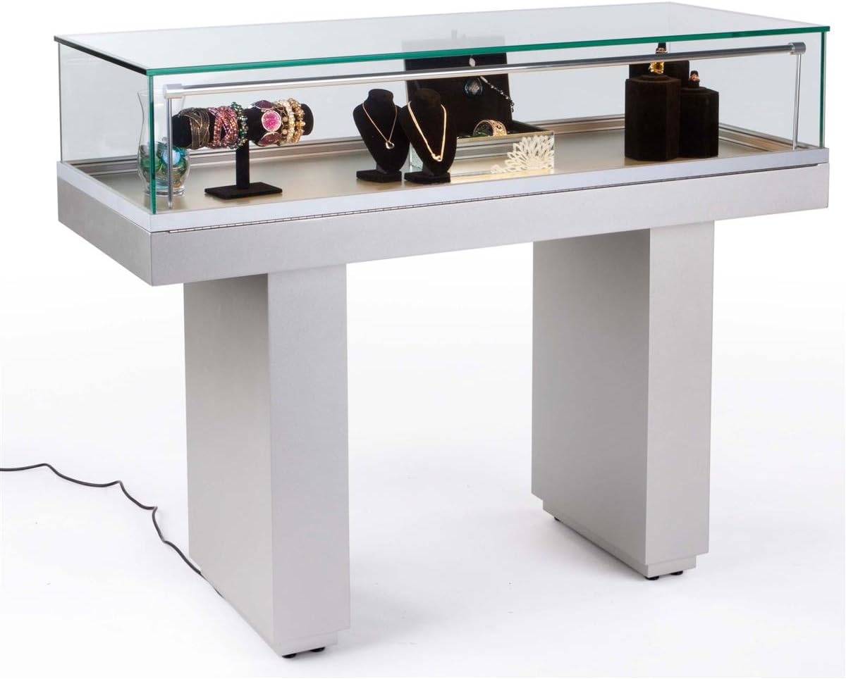 Glass Display Case for Museum, Showcase with Hydraulic Lift System and LED Lighting Strip, Ships Fully Assembled, MDF Base (Silver)