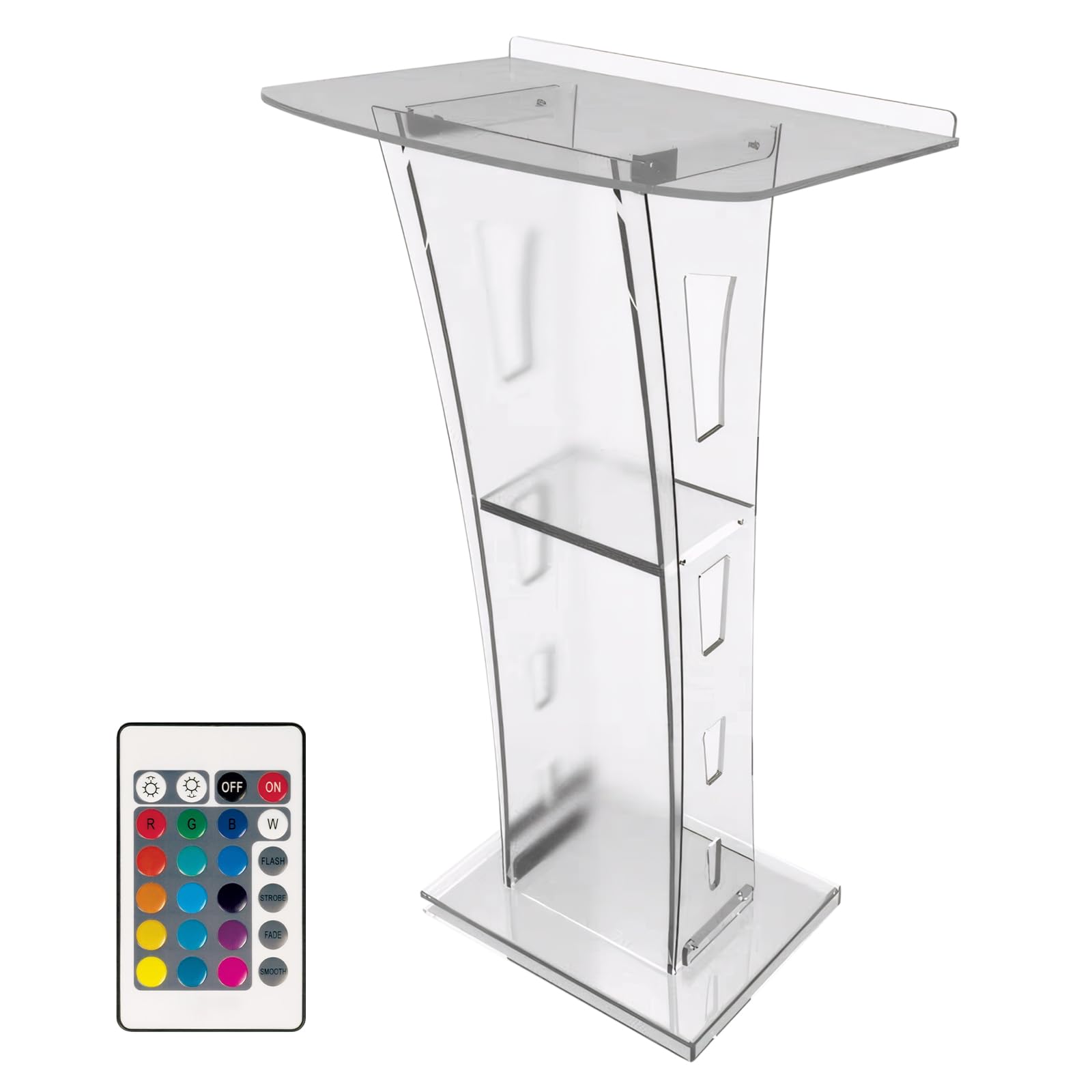 Podium en acrylique Pupitre debout Podium et lutrin en acrylique avec lumières colorées pour la réunion, l'hébergement, l'église, le mariage, la salle de classe, la présentation (transparent)