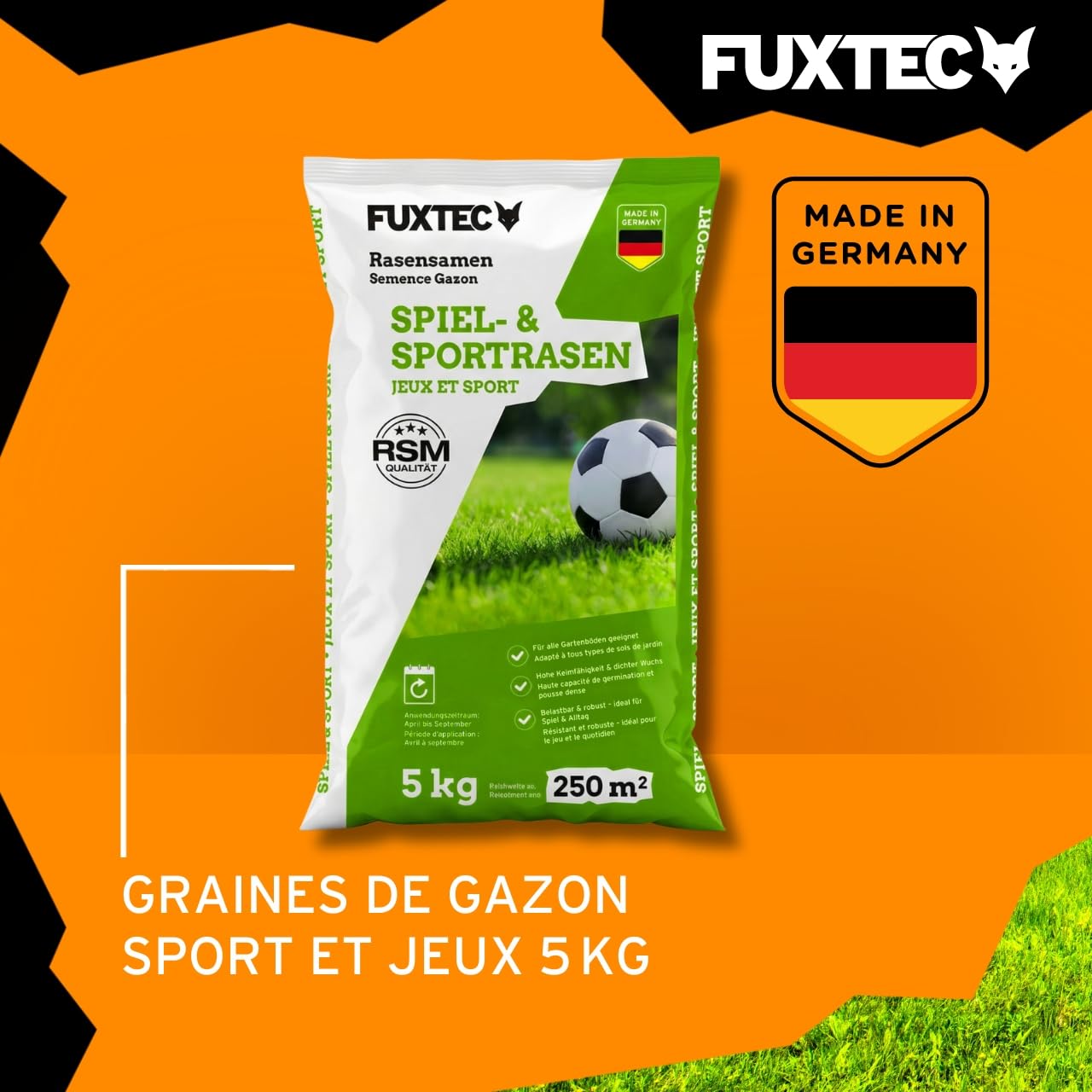 FUXTEC FX-RSSP5 Graines de pelouse, gazon de jardin robuste pour semis neuf et ultérieur, grande capacité de germination, croissance dense, résistante et résistante à l'écrasement, 5 kg pour env. 250