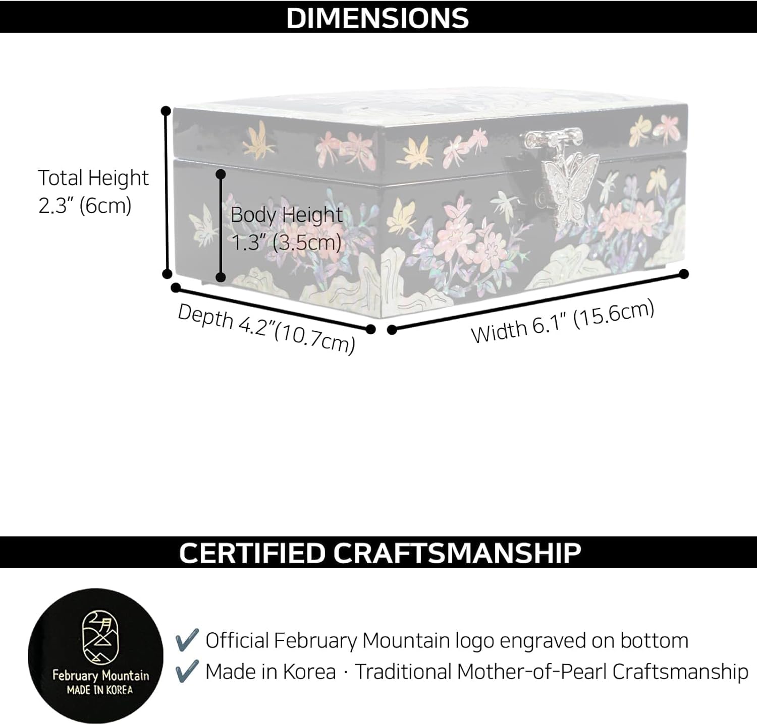 Korean Mother-of-Pearl Keepsake Box with Mirror – Floral & Butterfly Inlay – Handmade Trinket Memory Box – Black Lacquer Gift for Women, Birthday, Anniversary, Christmas (Colorful Crane)