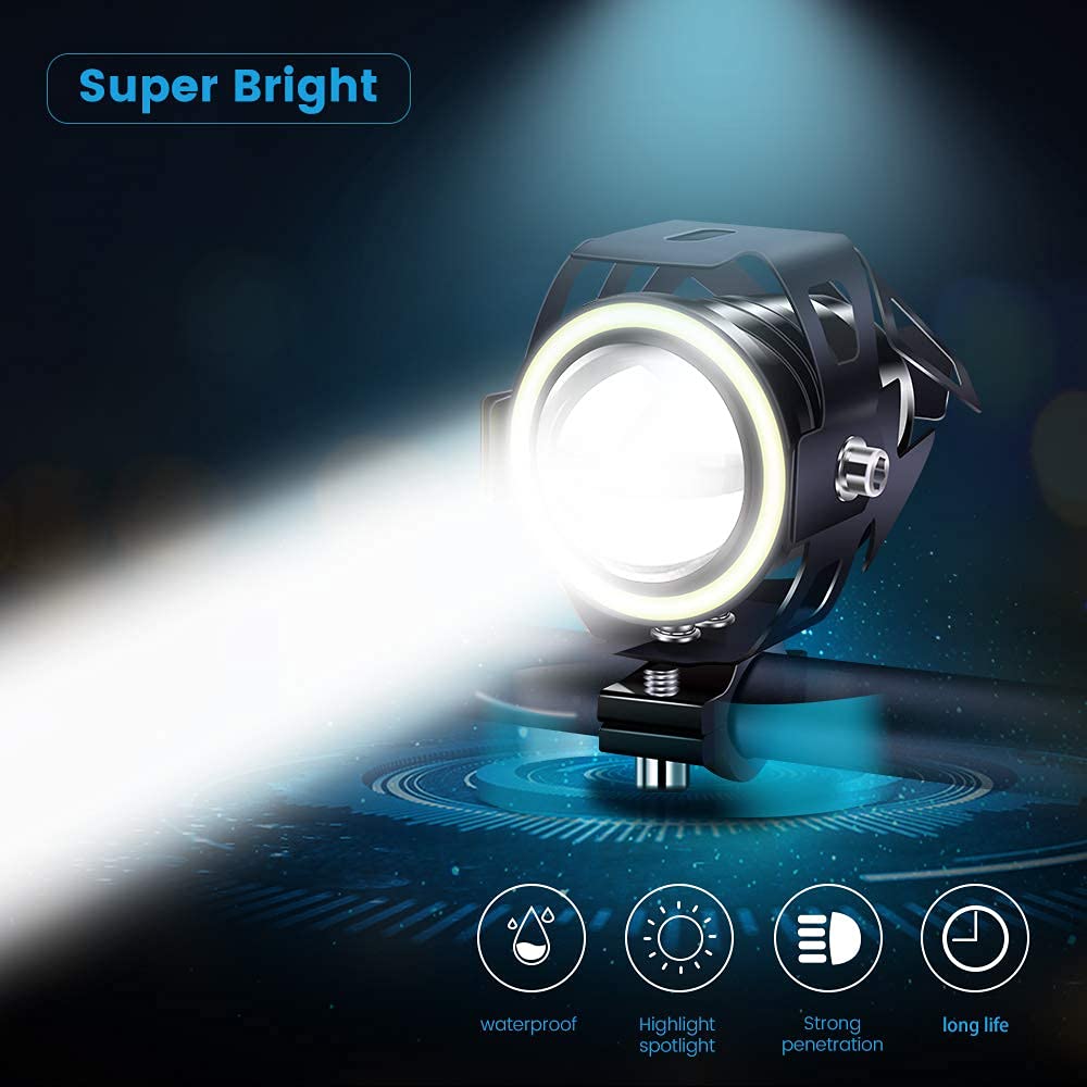 Faros antiniebla para motocicleta con halo blanco, 2 focos para motocicleta U7 de 12 V 24 V con interruptor de 3 cables, luces adicionales impermeables con luz estroboscópica de luz alta y baja