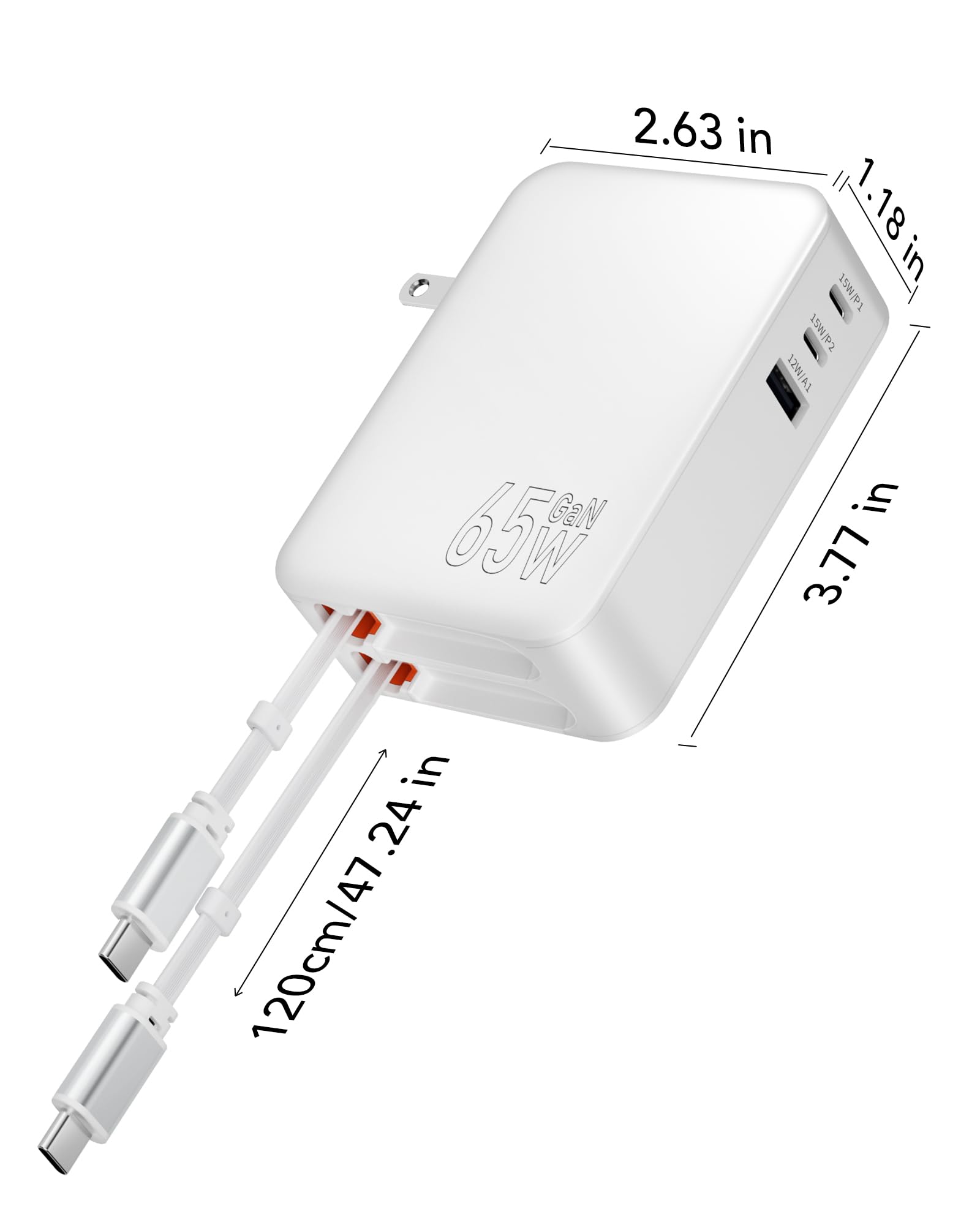 SPGUARD Caricabatterie retrattile 5 in 1, 65 W, con 2 cavi estensibili, 120 cm, USB C GaN, caricatore da parete con cavo doppio tipo C, compatibile con iPhone 17/16/15/14/13/iPad/Galaxy