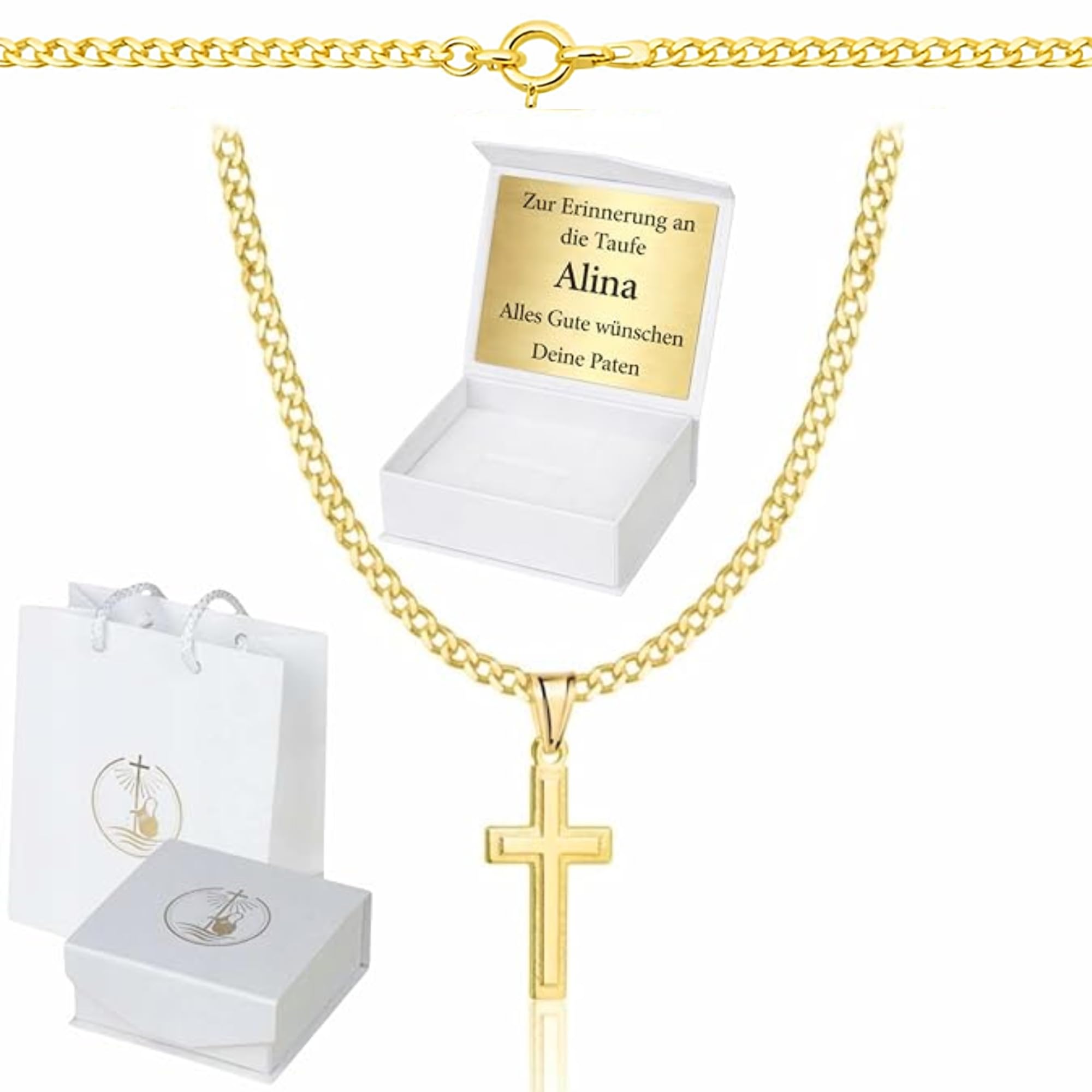 ZELYA Chaîne en or avec croix plaquée or 925/585 14 carats - Chaîne gourmette pour filles et garçons - 45 cm - Avec croix - Chaîne pour enfant pour communion et baptême - Boîte cadeau avec gravure