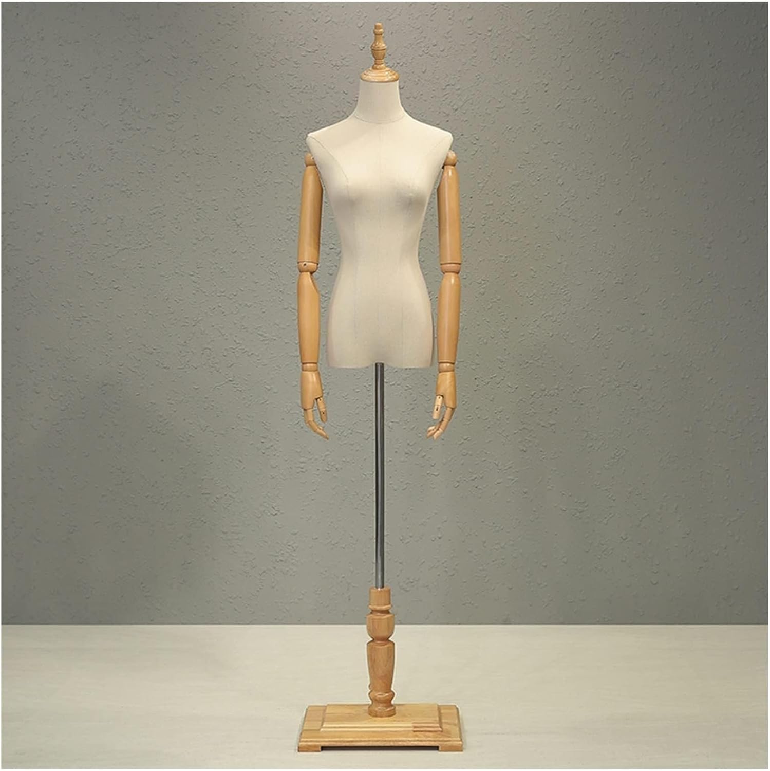 Female Mannequin Torso Dress Form with Detachable Wooden Arm, Adjustable Height 120-182cm, Linen Cover, Small