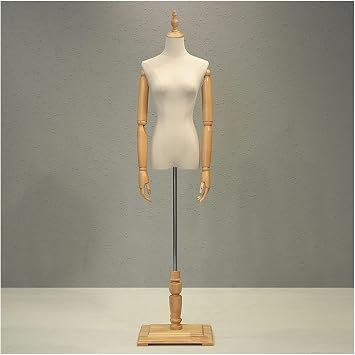 Female Mannequin Torso with Adjustable Wooden Arm, Linen Cover, Small Half-Scale Dress Form on Square Wooden Base