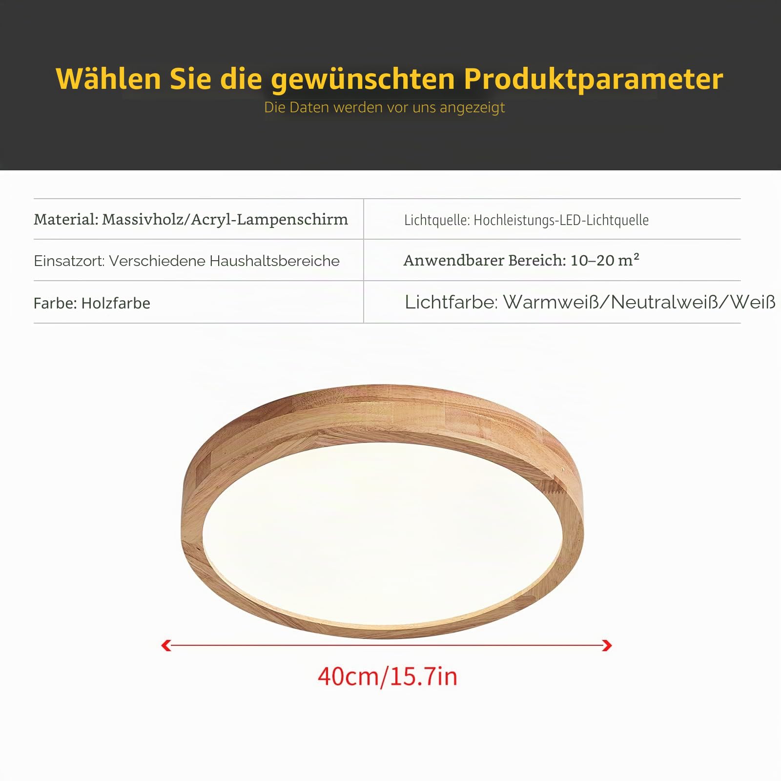 runde LED-Deckenleuchte aus Holz, Warmweiß, 28 W, 3000 K, 2240 Lumen, 40 cm Durchmesser, für Wohnzimmer, Küche, Esszimmer, Haus, Büro, Kinderzimmer
