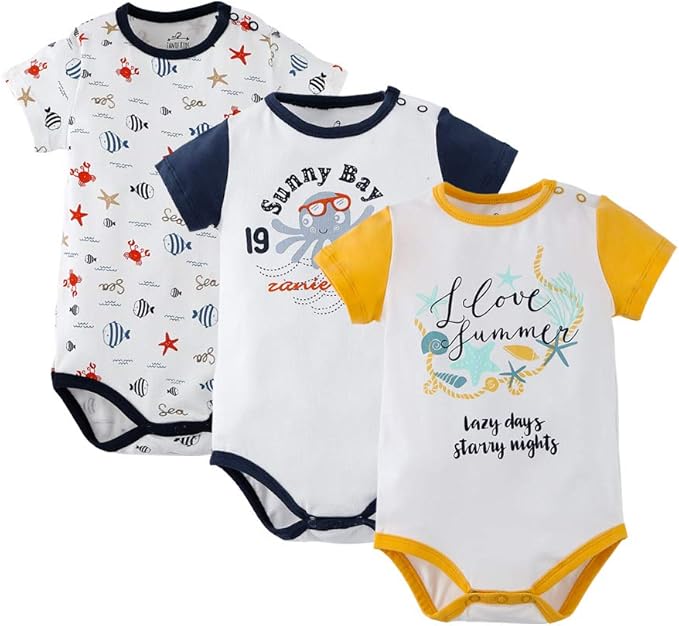 Amazon Co Jp ベビー服ボディースーツ男の子夏半袖3枚セットロンパースカバーオール綿赤ちゃんヒトデ柄マダコ柄海動物柄プレゼント出産祝い 服 ファッション小物