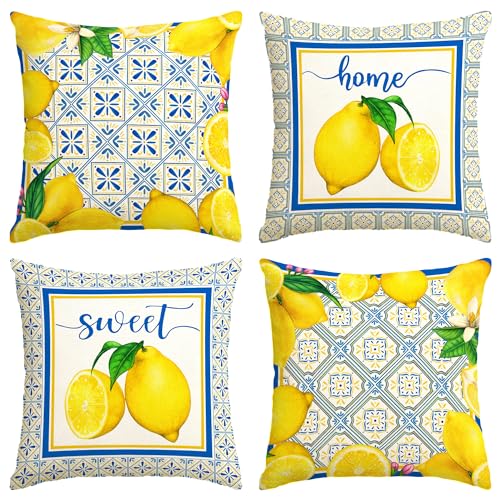 Italian Lemon Pillow Covers 18×18 Inch Blue & Cyan Home Party Decor