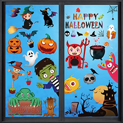 Autocollants Halloween, 9 Feuilles Double Face Réutilisables Halloween Stickers, Cute Cartoon Sorcière, Araignée, Fantôme Troncs d'arbres morts Stickers, pour Décoration Fête Halloween Cover