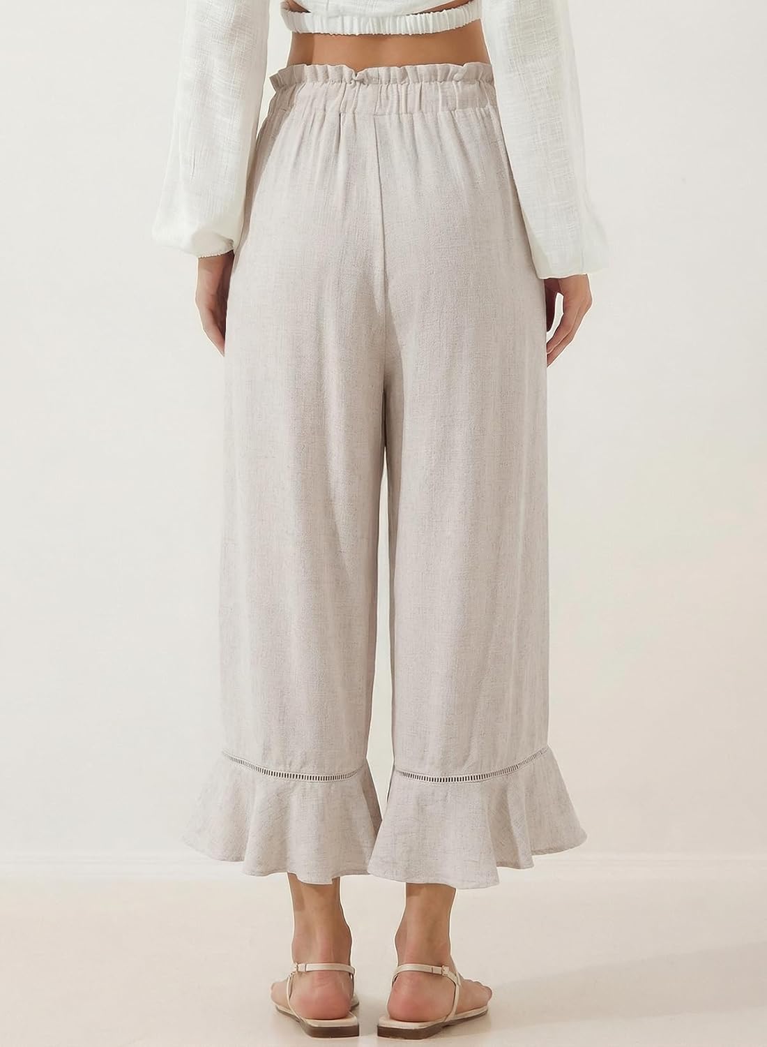 EVALESS Linen Pants Women Summer Casual Wide Leg Drawstring Elastic Waist Ruffle Hem Capri Pants with Pockets - Image 2