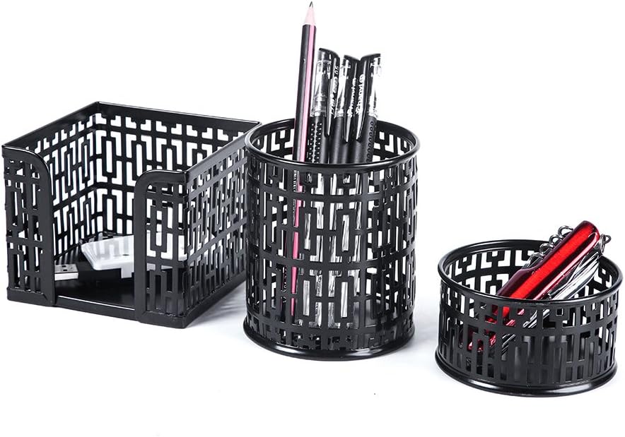 Metal Mesh Office Supplies Desktop Organizer Set of 3pcs-Pencil Cup, Memo Holder and Clip Holder (Black-Style 1)
