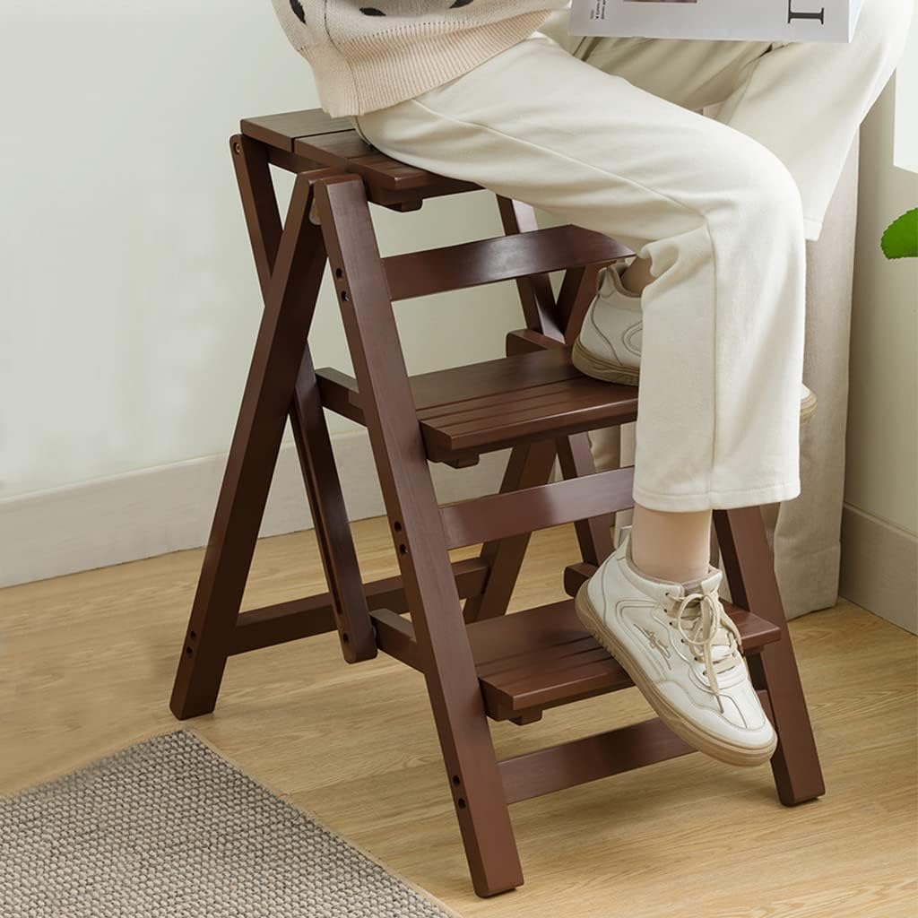 Solid Wood Folding Step Ladder Wide Non-Slip Pedal 120kg Load-Bearing Stable Step Stool No-Install Folding Step Ladder Stool Portable Step Ladder Multi-Colored