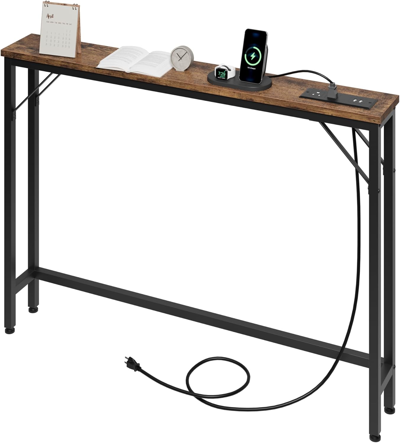 GarveeLife Console Table, 39.4 in Narrow Sofa Table w/Power Station, Skinny Behind Sofa Table, Narrow Long Behind Couch w/Power Outlets USB Ports Thin Entry Table for Entryway, Living Room, Retro
