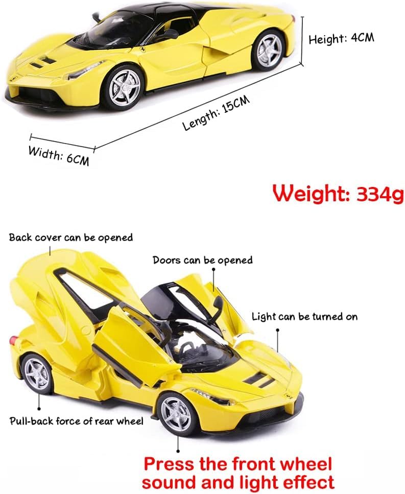 Image of Diecast Toy Car Sports Model Car Zinc Alloy Simulation Casting LaFerrari Pull Back Vehicles,1:32 Scale Supercar Toys with Lights and Sound for Toddlers Kids Children Boys Girls Gift (Yellow)