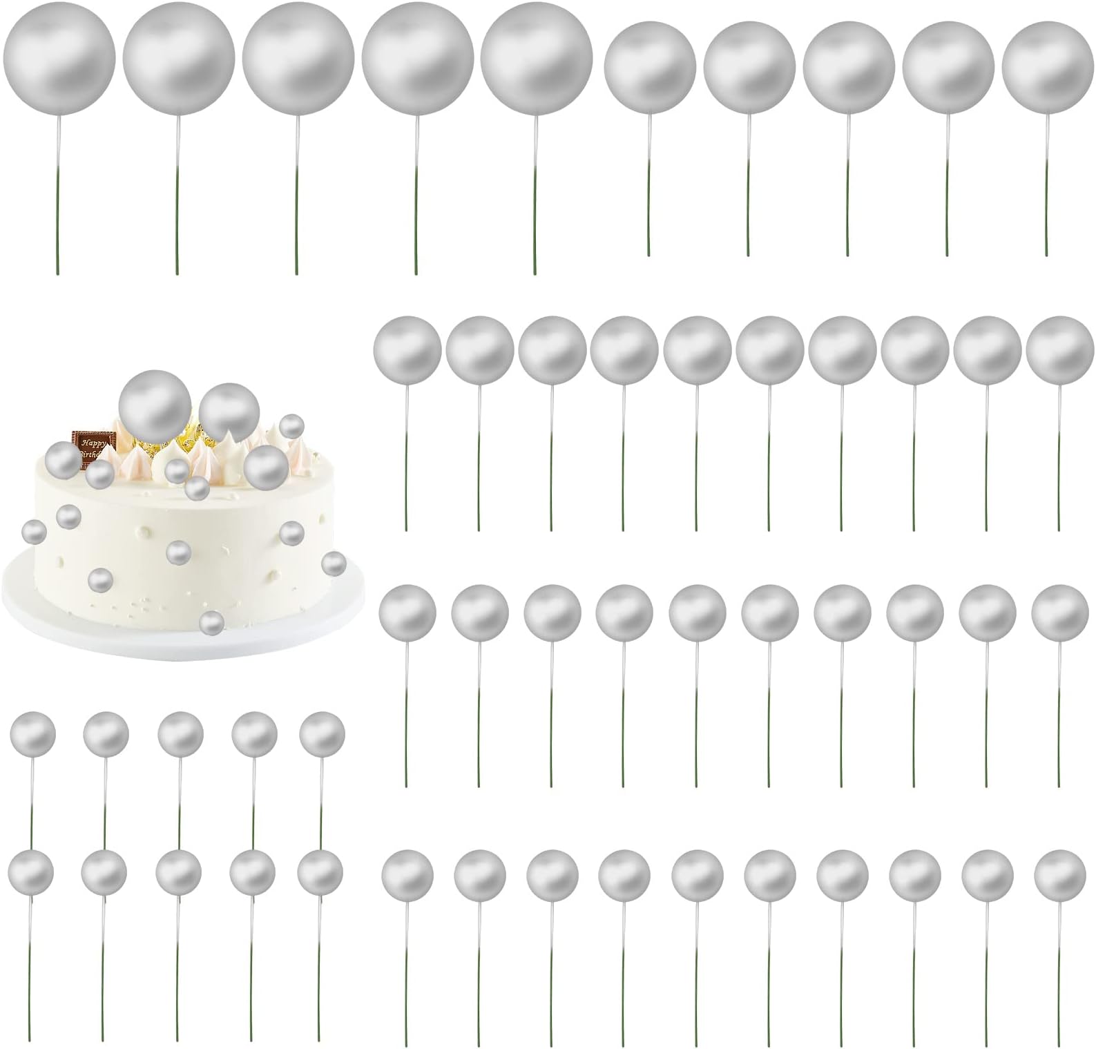 Bekecidi 50 Pcs Silver Cake Balls, Mini Balloon Cake Topper Silver Cake Topper Foam Balls Silver Balls Cake Decorating for Birthday Party Wedding Supplies Baby Shower Decor (Silver)