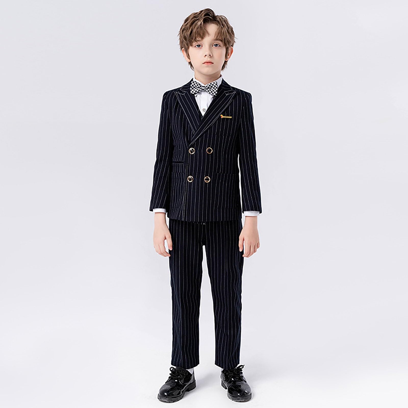 Kinder Anzug Set Junge Anzug Kinder Jungen Festliches Outfit Gestreiftes Langarm Hemd Weste mit Fliege und Lange Hose Sommer Bekleidungssets für Hochzeit Feier Geburtstag