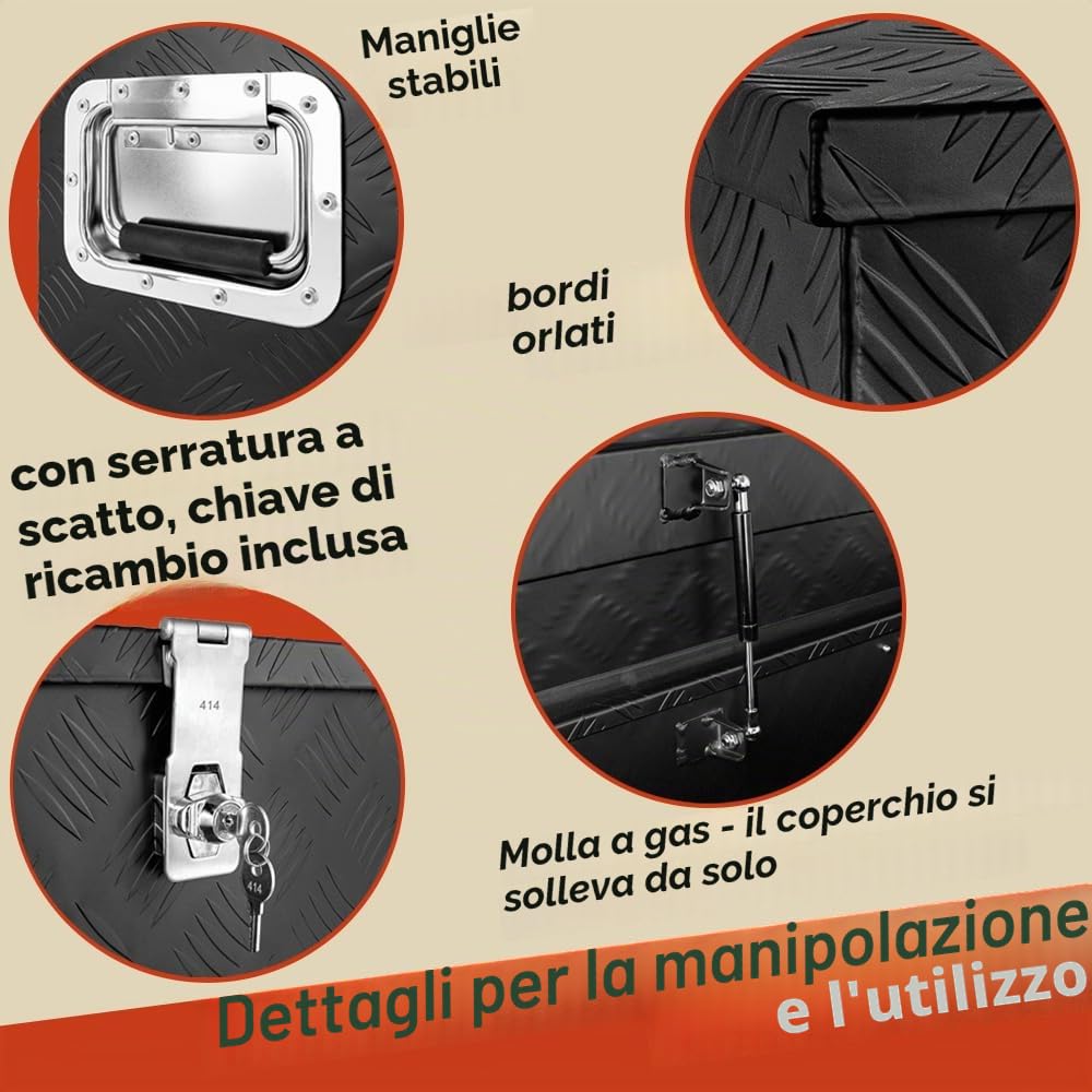 Trucky Scatola per Strumento Nero Cassetta degli attrezzi Cassone per camion Scatola di Alluminio Cassone per rimorchio con coperchio Chiudibile a chiave D100